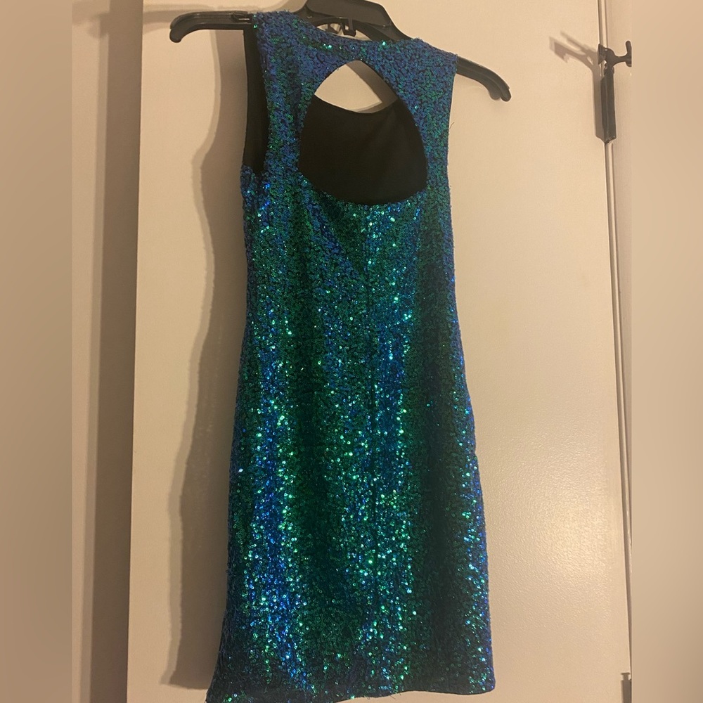 H&M Divided blue/ green metallic sequins bodycon mini Prom Party‎ dress sz 2 - Picture 9 of 12